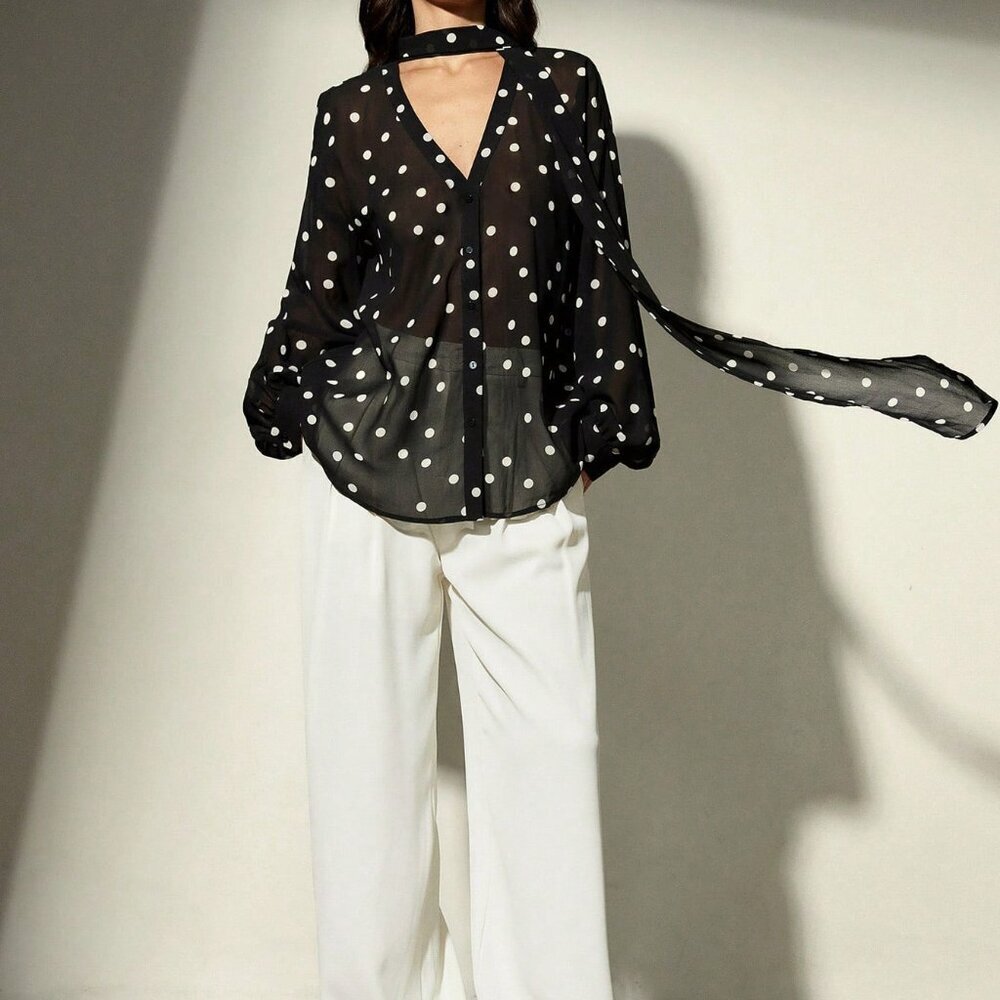 Multicolor Casual Women's V-Neck Front Open Polka Dot Chiffon Blouse